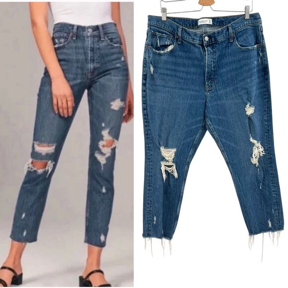 Abercrombie High Rise‎ Mom Jeans Distressed Ripped Denim Size 34 18S Short - Picture 1 of 14